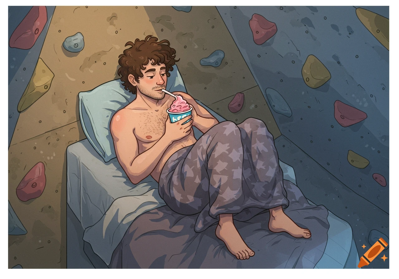 A man relaxing in bed next to a climbing wall, eating frozen yogurt.