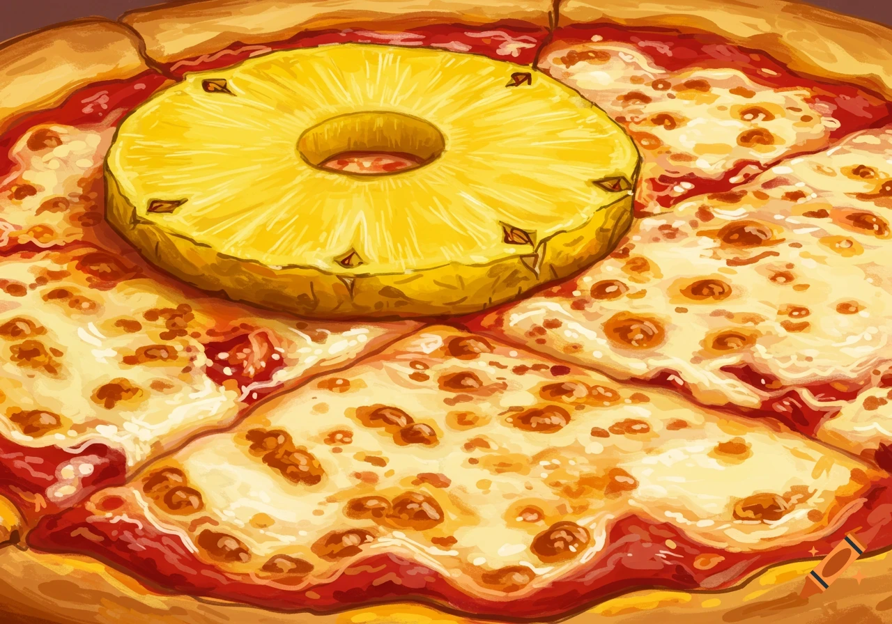 Close-up illustration of a pizza topped with a large pineapple slice.