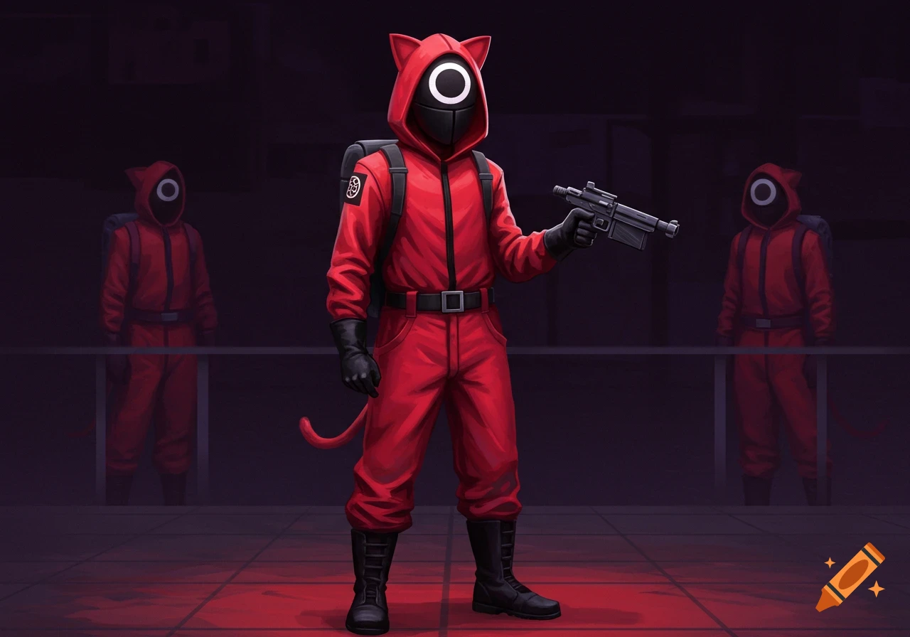 A Squid Game guard with cat ears and tail, wearing a red jumpsuit and mask with a white circle, holding a gun.