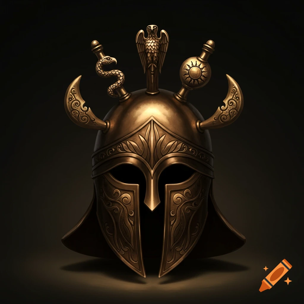 Detailed golden ancient helmet adorned with a snake, eagle, and sun symbol