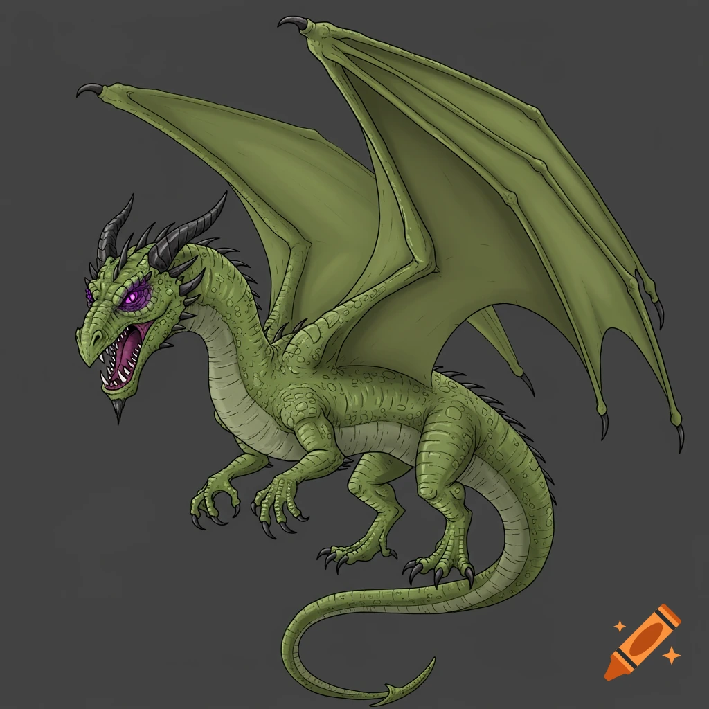 An illustration of a green dragon with violet eyes, black horns, and curved claws.
