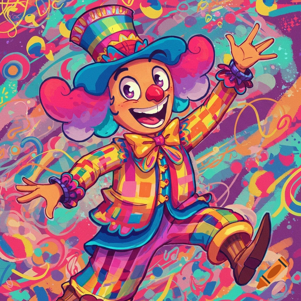 A brightly colored clown character jumping against a vibrant, abstract background