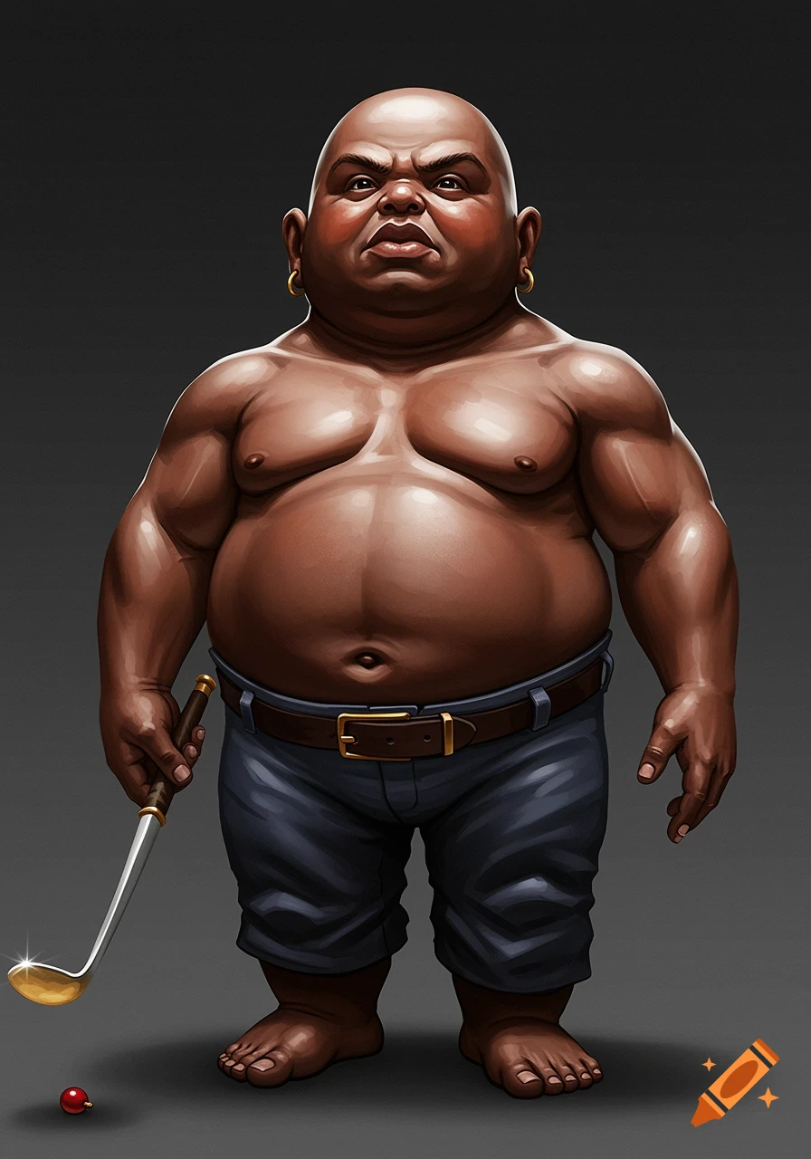 A muscular dwarf-like man with gold earrings holding a golf club.