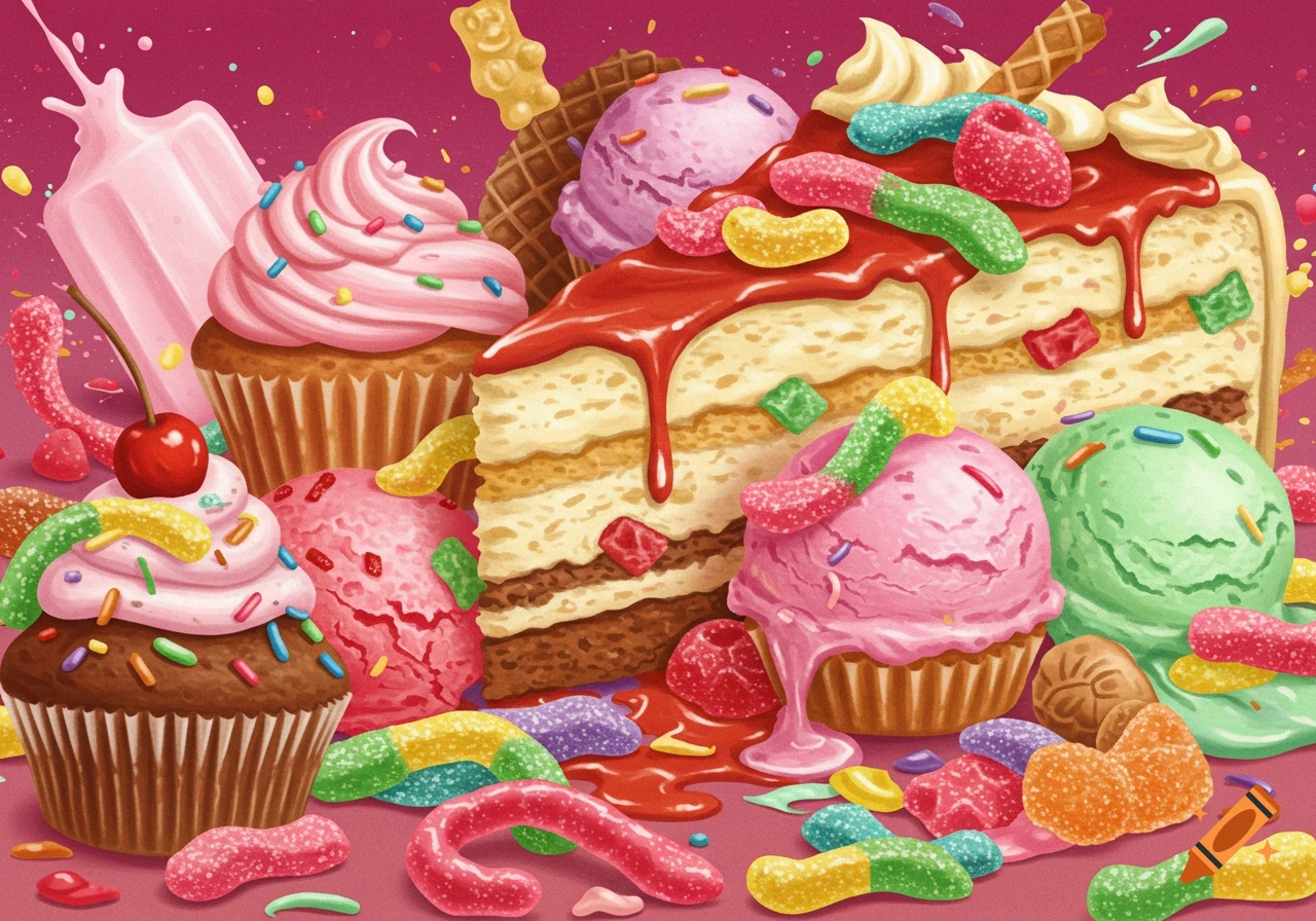 An illustrative close-up of colorful cupcakes, cake, ice cream scoops, and gummy candies.