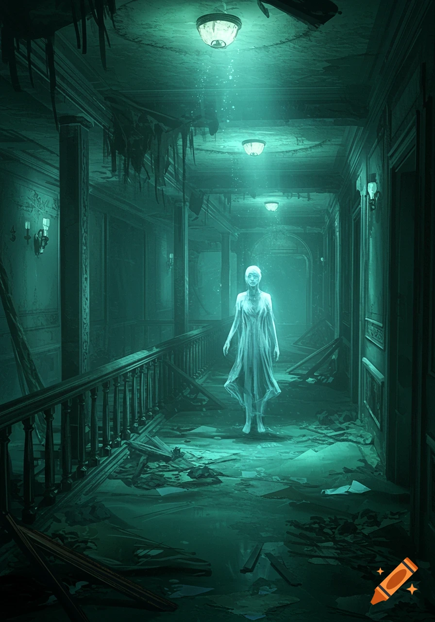 A ghostly figure floats in a flooded, ruined hallway with debris.