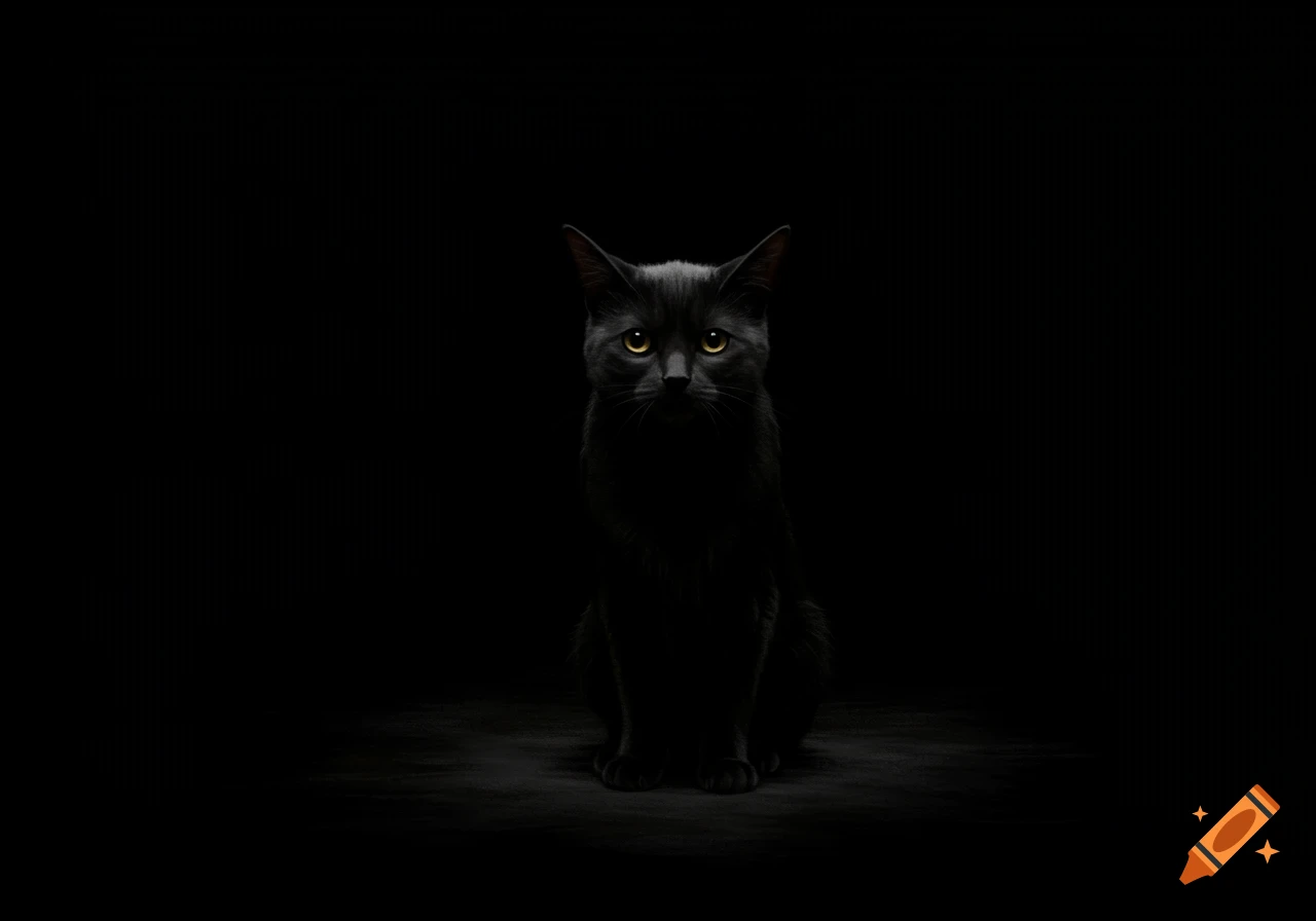 A black cat sits in the dark with glowing yellow eyes, lit from the front.