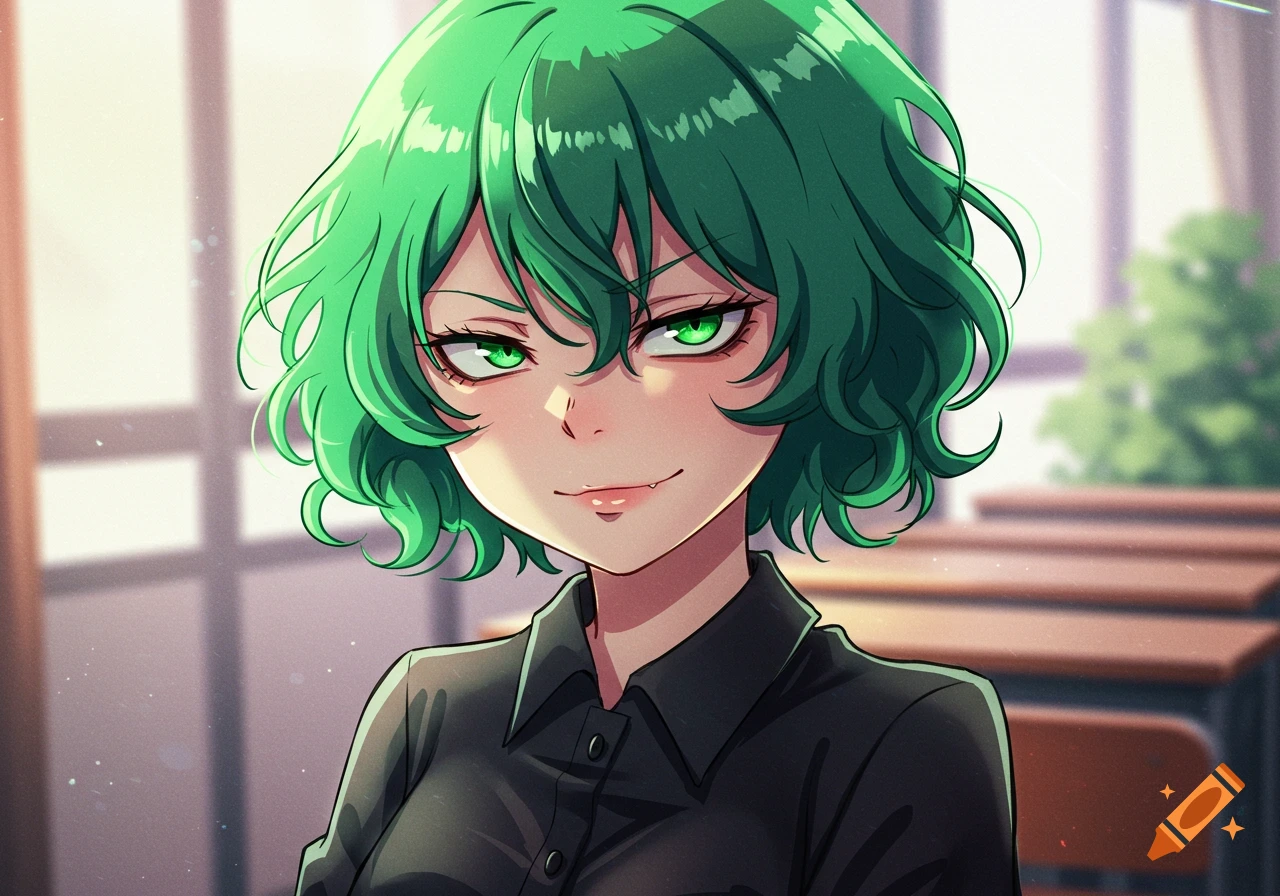 Anime portrait of a girl with green curly hair and green eyes, smirking in a classroom.