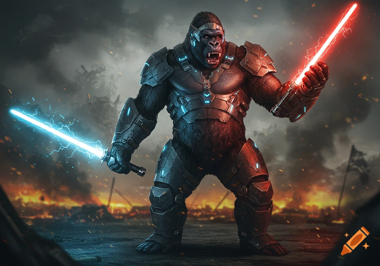 A massive gorilla in futuristic armor holding a blue and a red lightsaber on a battlefield.
