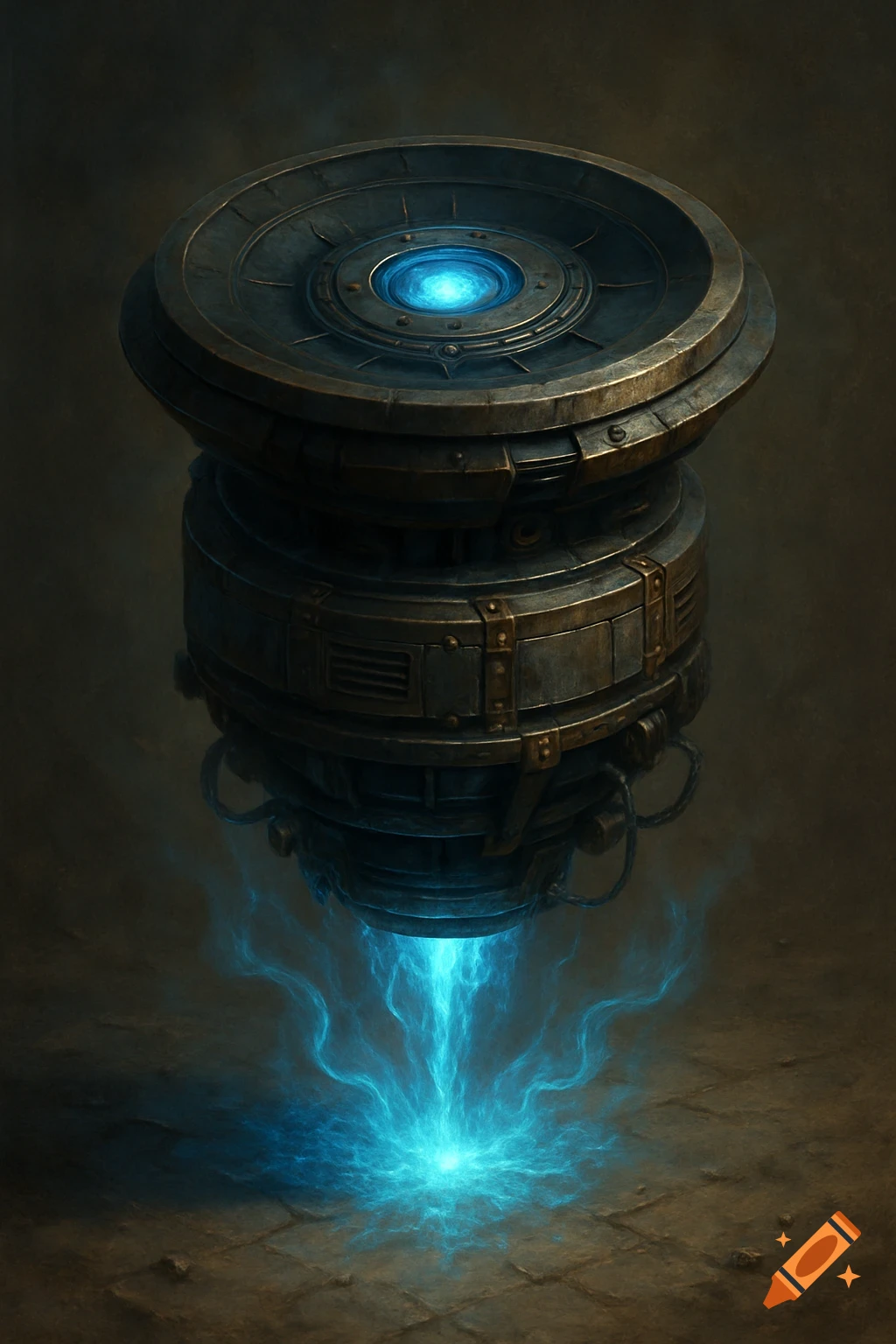 A sci-fi anti-gravity device emitting blue energy onto the ground.