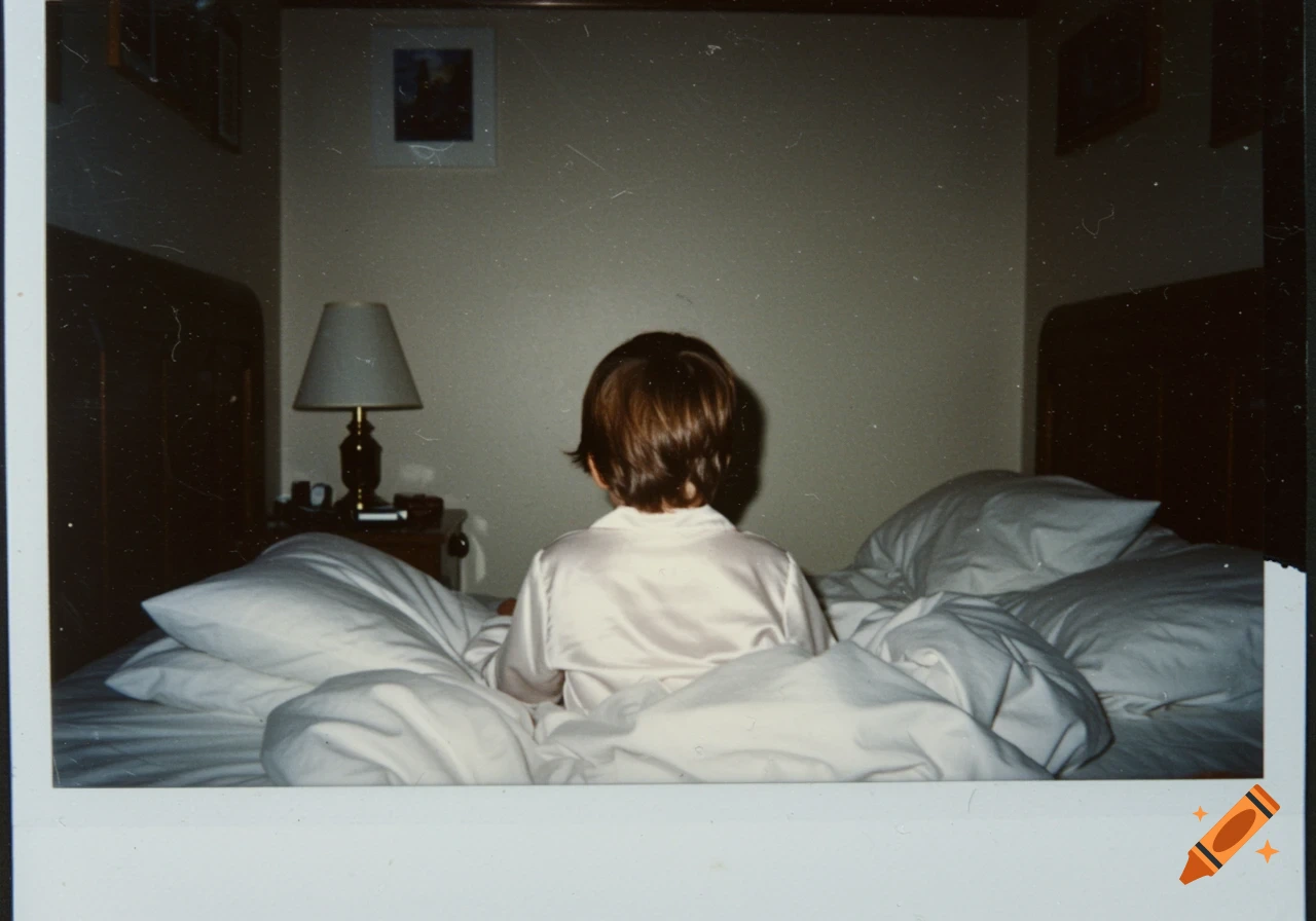 Vintage Polaroid photo of a child sitting in bed in a bedroom