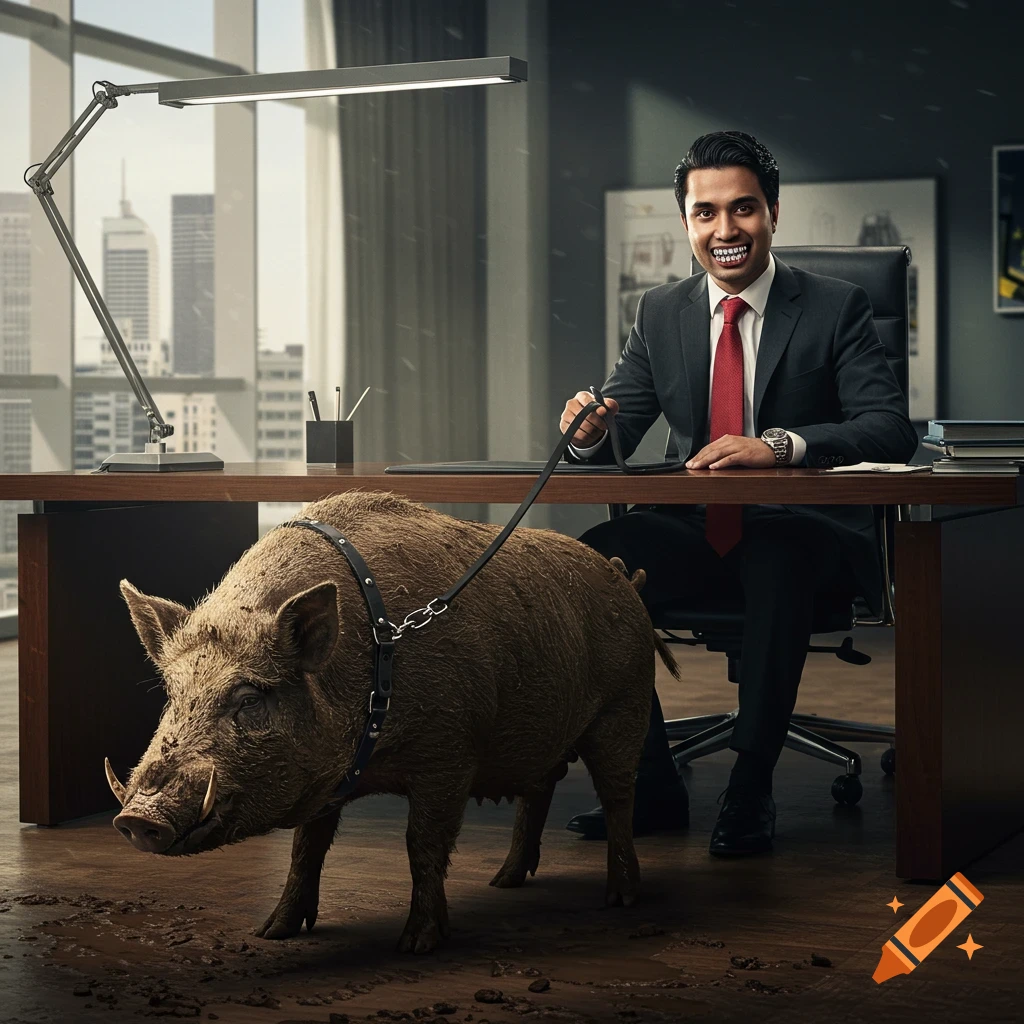 Man in suit with an unusual smile holds a feral pig on a leash in a high-rise office.