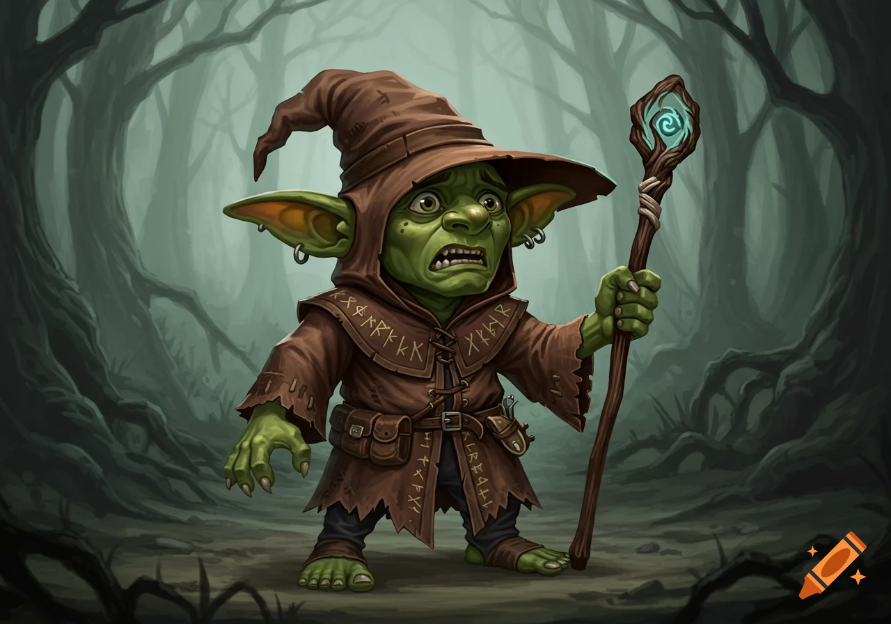 A short green goblin wizard in a brown robe and hat holds a staff in a forest.