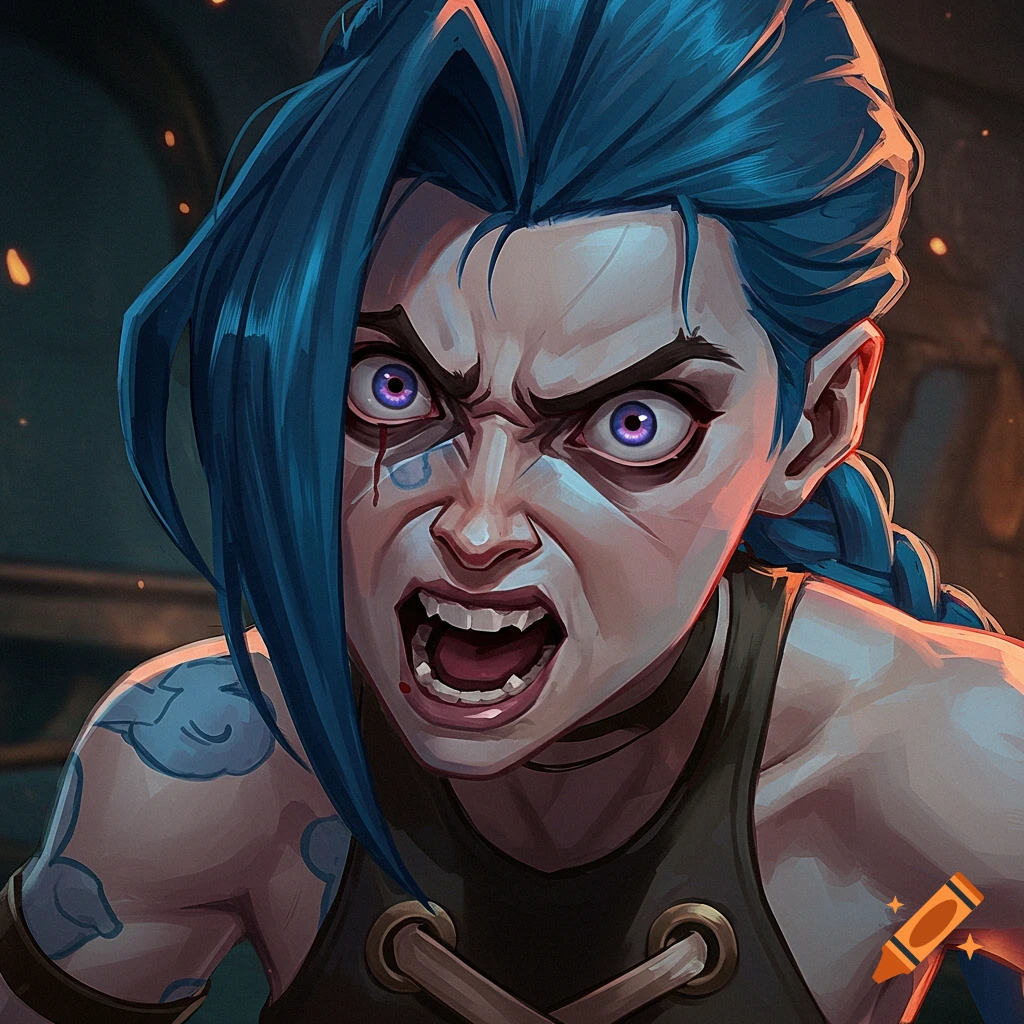 Close-up anime style portrait of Jinx from Arcane yelling with wide eyes.