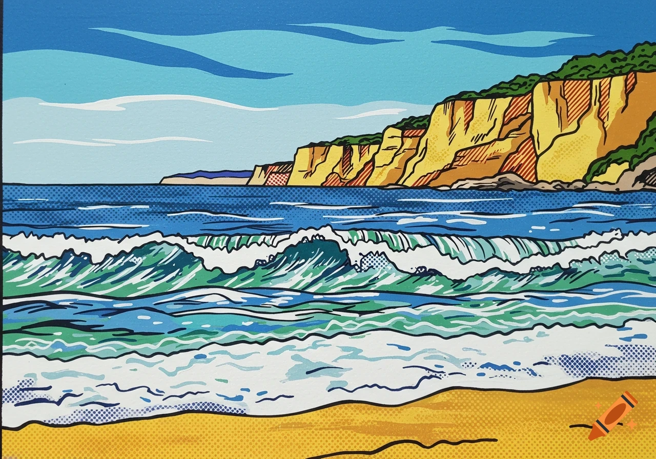 Pop art painting of a beach with breaking waves and cliffs in the background.