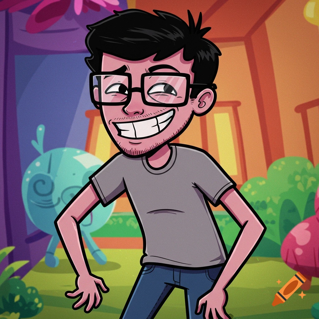 Cartoon illustration of a smiling man with glasses in a colorful background.