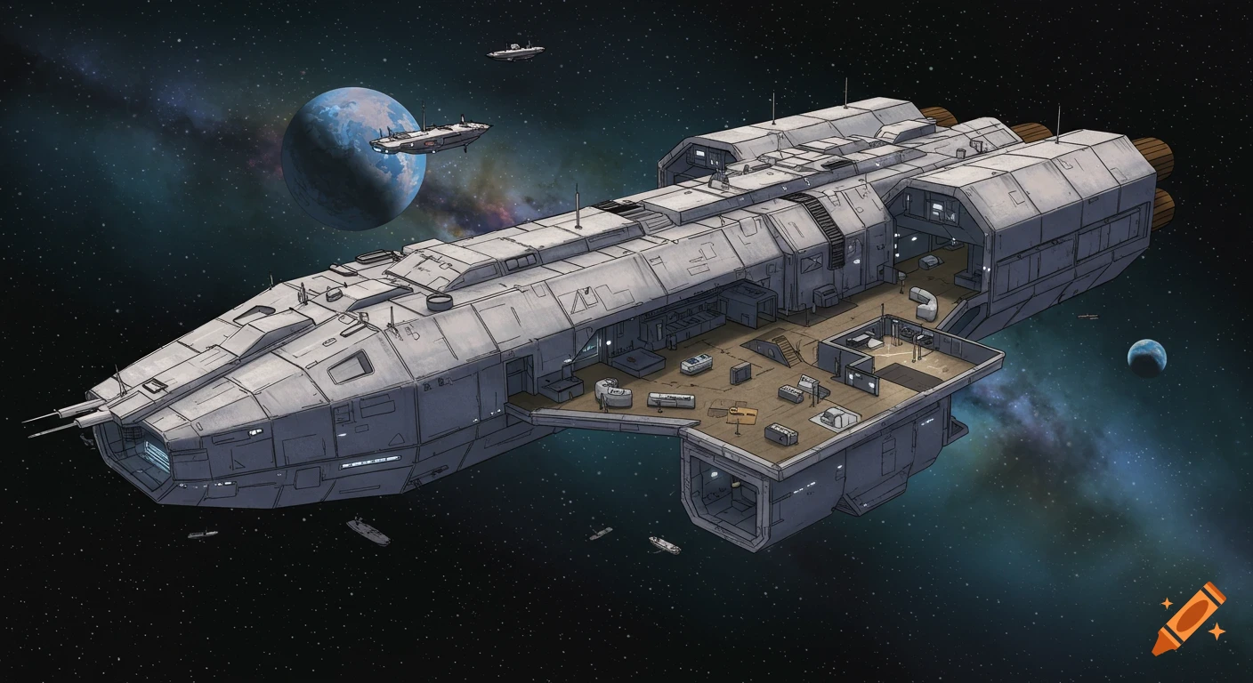 Illustrated large spaceship with interior details floating in space near planets and stars.