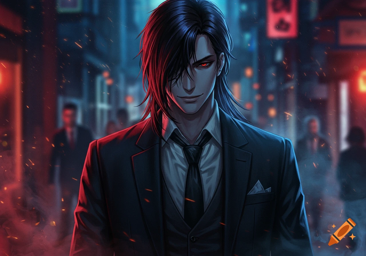 Anime style illustration of a man in a suit with long hair and red eyes standing on a dark street with red and blue lights.