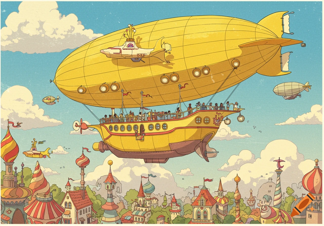 Stylized illustration of a large yellow dirigible flying over a fantastical town.