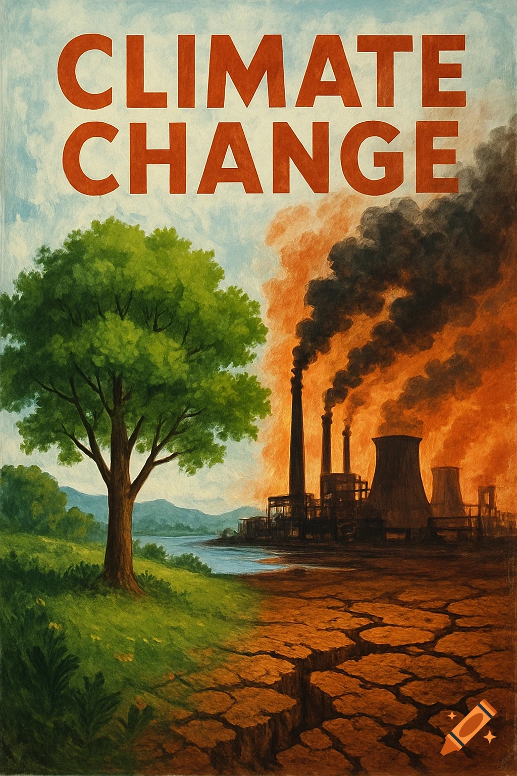 A poster showing a landscape split: one side is green with a tree, the other is brown cracked earth with polluting factories. Text reads "CLIMATE CHANGE".