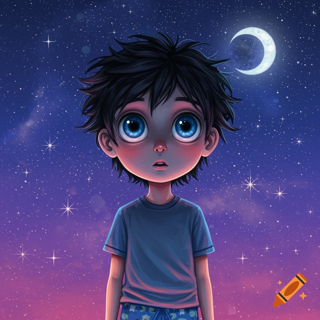 A young boy with large eyes looking at a starry night sky with a crescent moon.