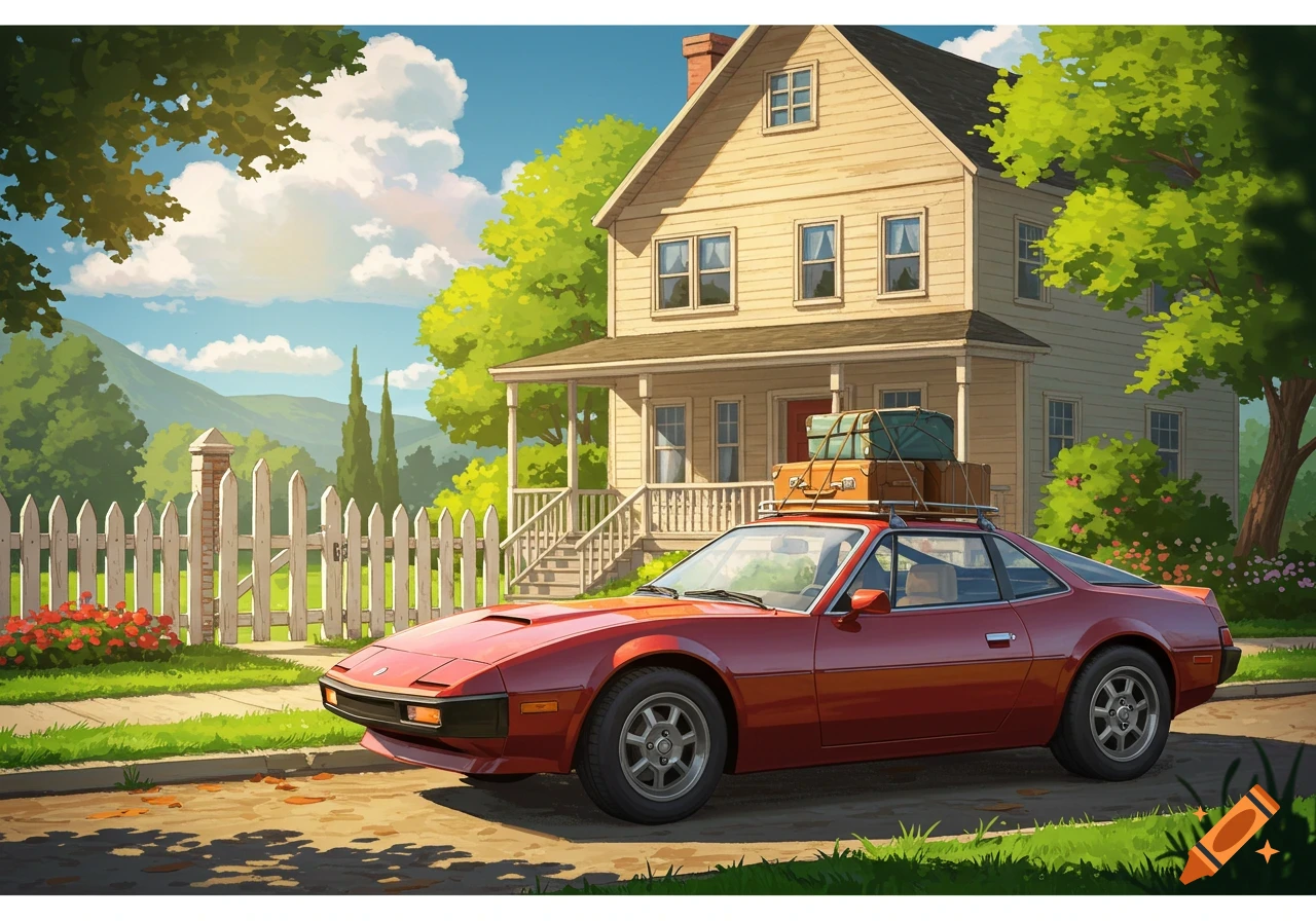 A red sports car packed with luggage is parked in front of a house with a white picket fence.