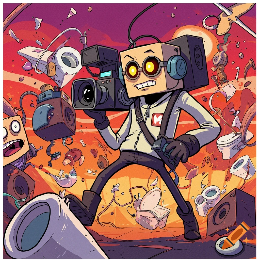 Cartoon character with camera head holding a camera amidst flying toilets.