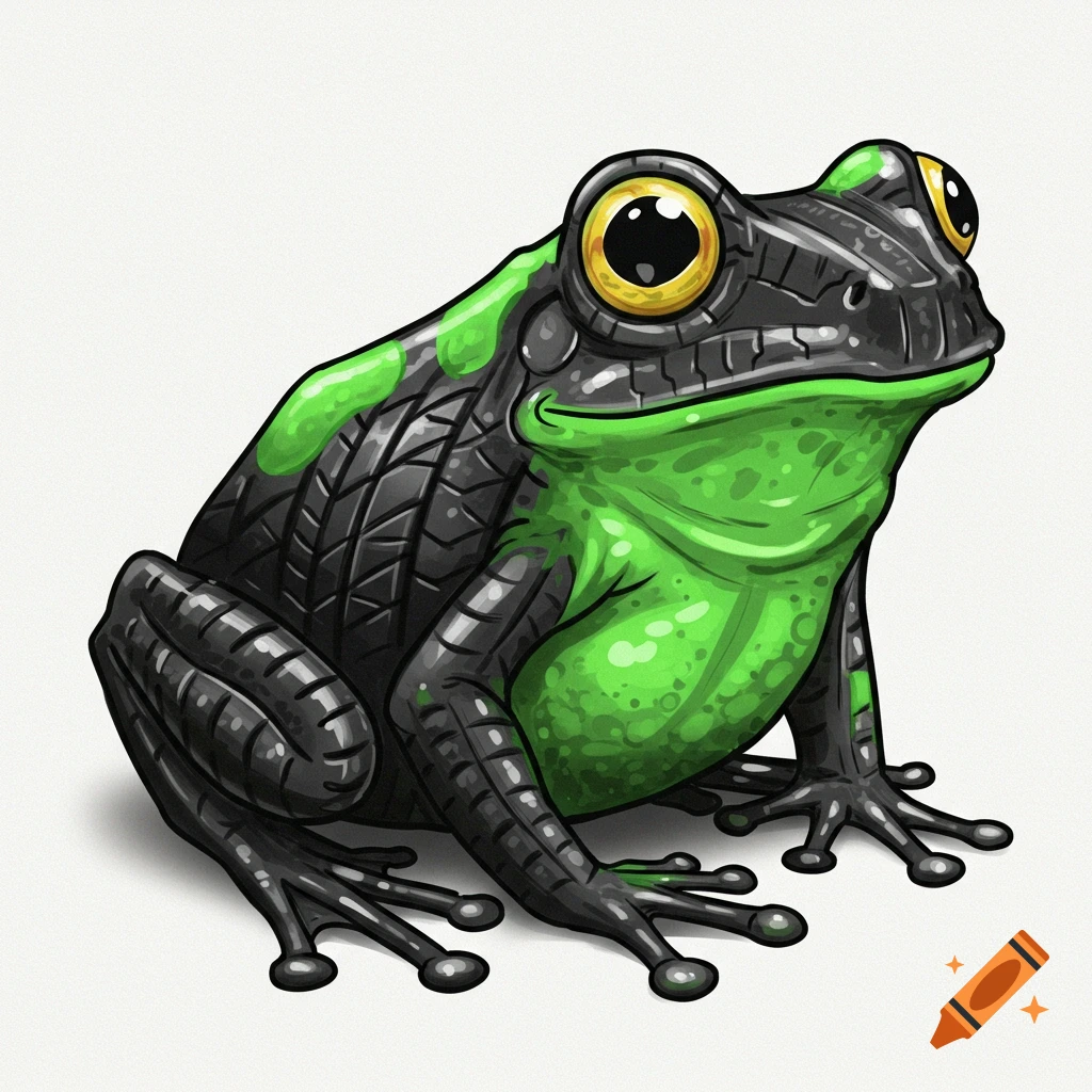 Image of a frog made of tire treads and green skin.