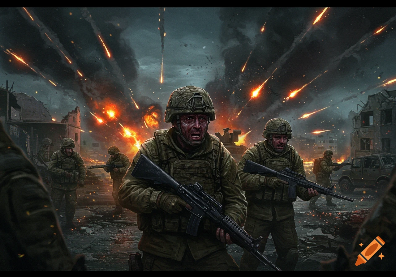 Soldiers stand in a chaotic battlefield with explosions and falling projectiles.