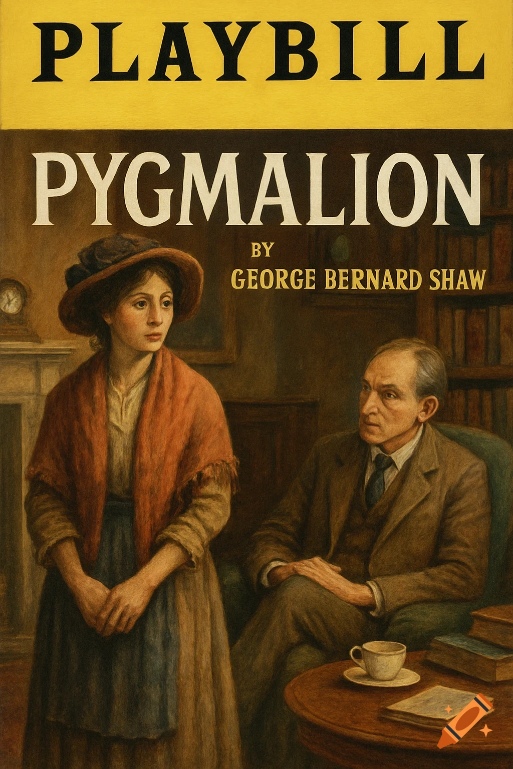 Digital painting of a vintage style playbill cover for Pygmalion.