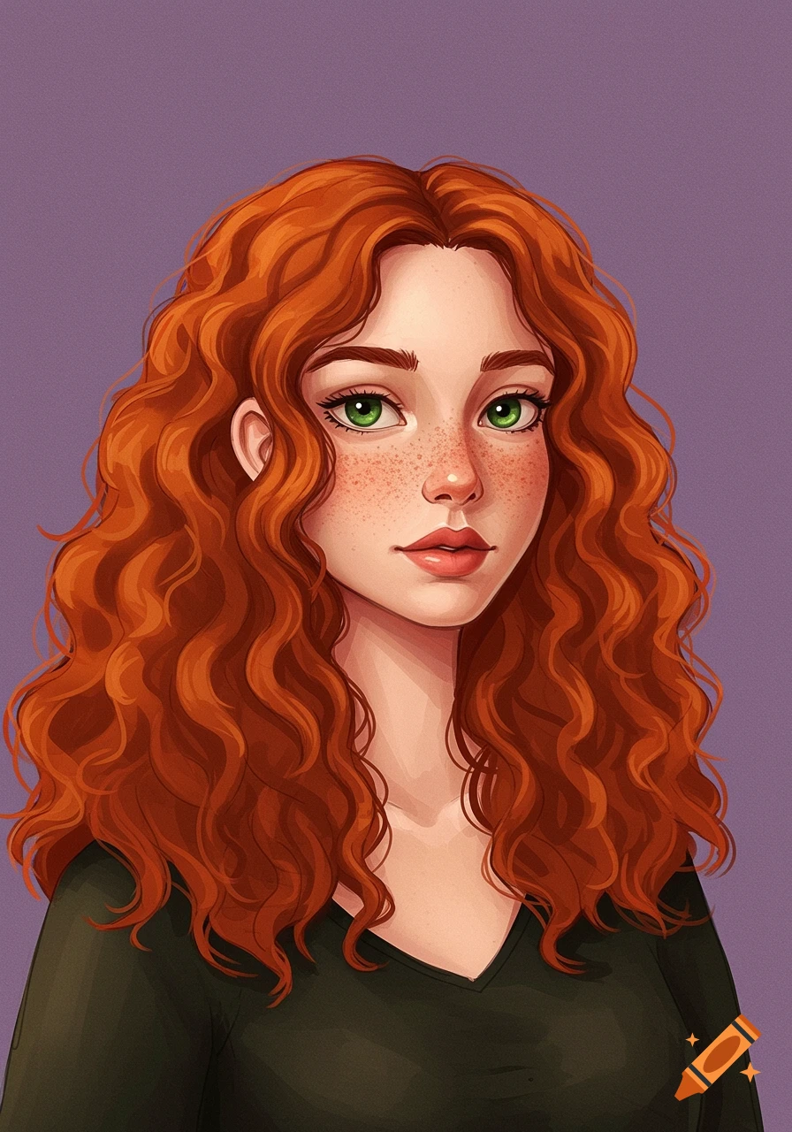 A portrait of a young woman with long curly red hair and green eyes