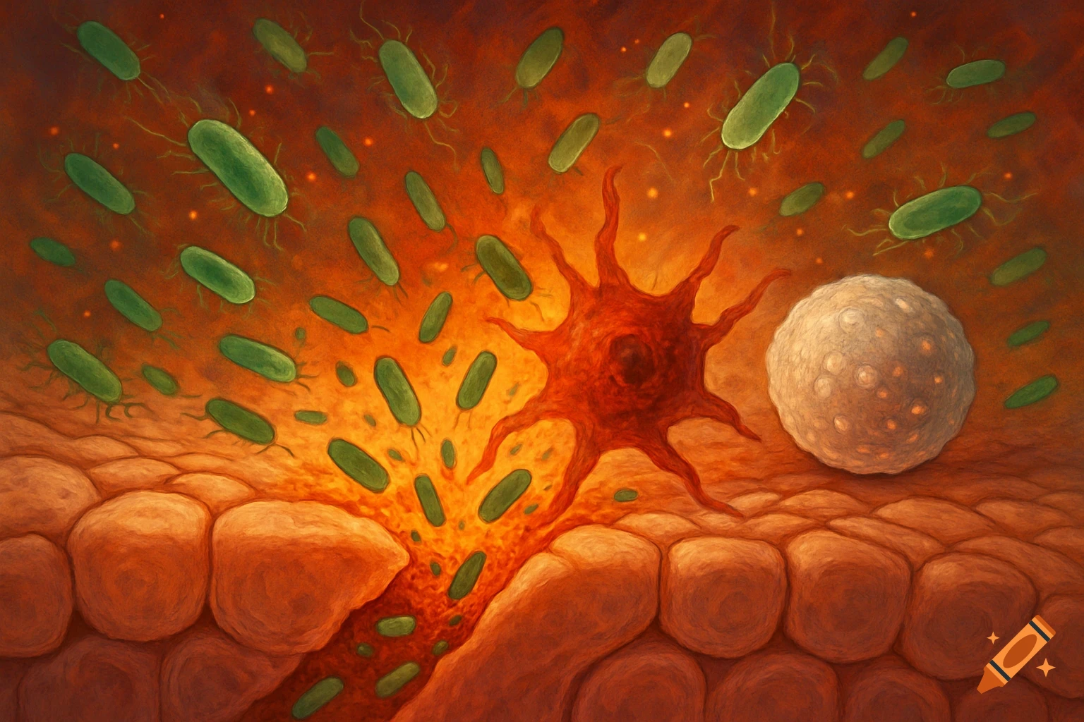 Microscopic view of bacteria, immune cells, and tissue during an inflammatory response, stylized illustration.