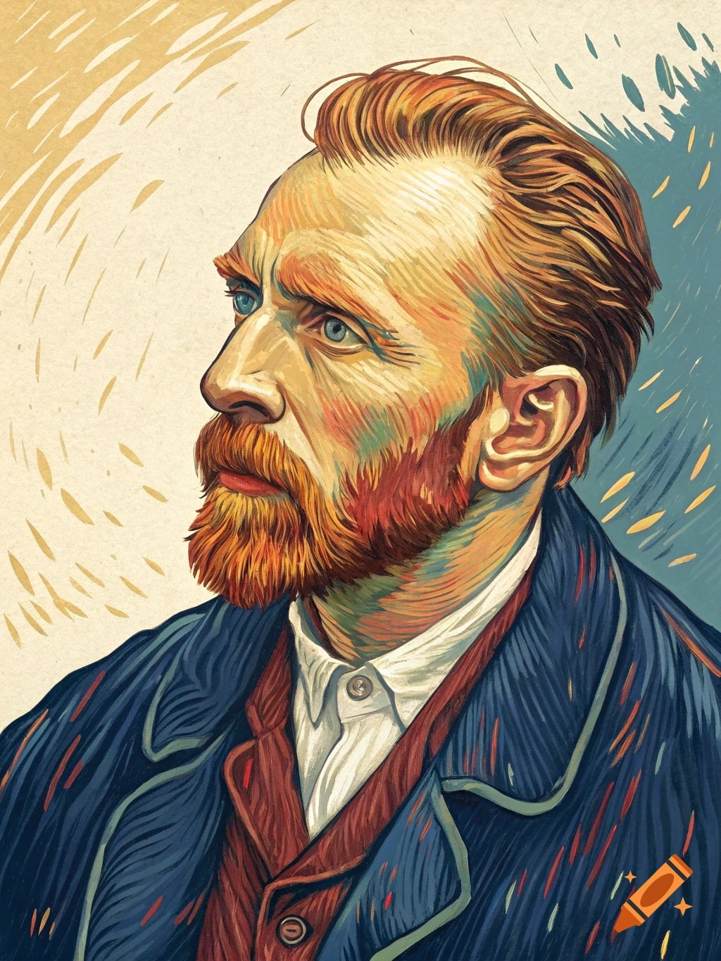 Stylized portrait of Vincent van Gogh looking left.