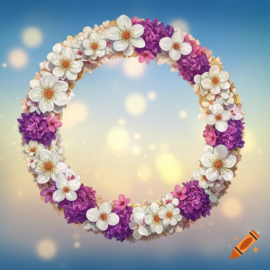 A ring of white and purple flowers against a soft gradient sky with bokeh lights.