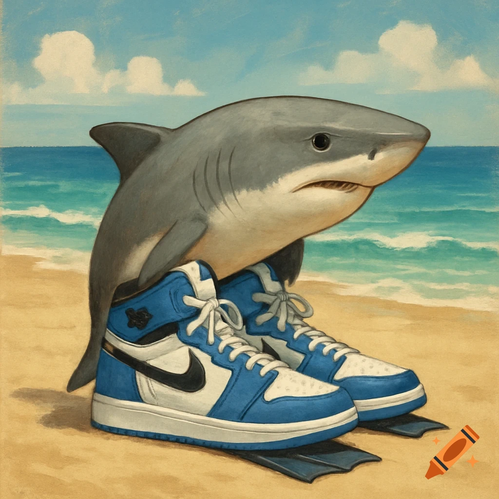 A shark stands on a sandy beach wearing blue and white high-top sneakers and swim fins in a painted style.