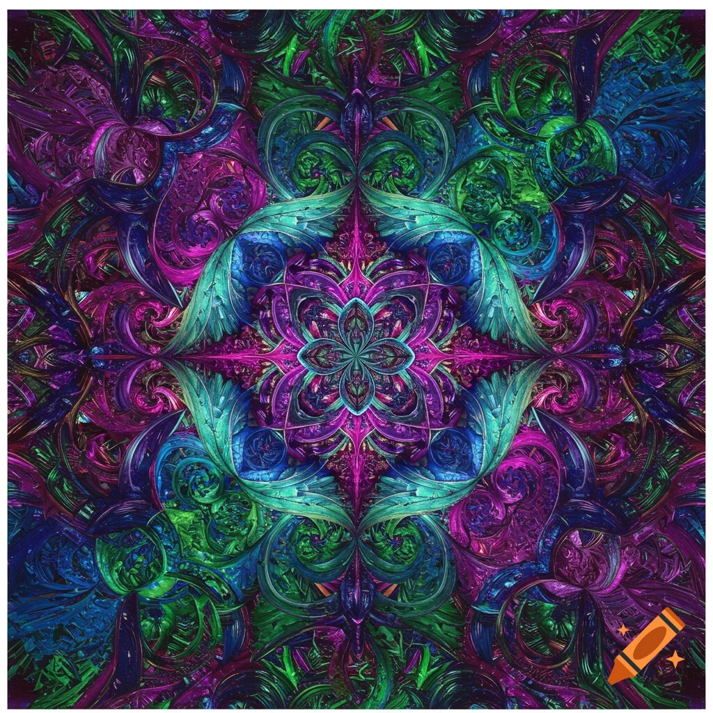 Intricate, colorful fractal pattern in shades of purple, green, and blue, symmetrical and detailed.