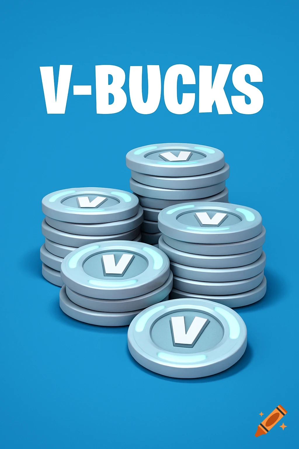 Stacks of V-Bucks coins with the text 'V-BUCKS' above them on a blue background.
