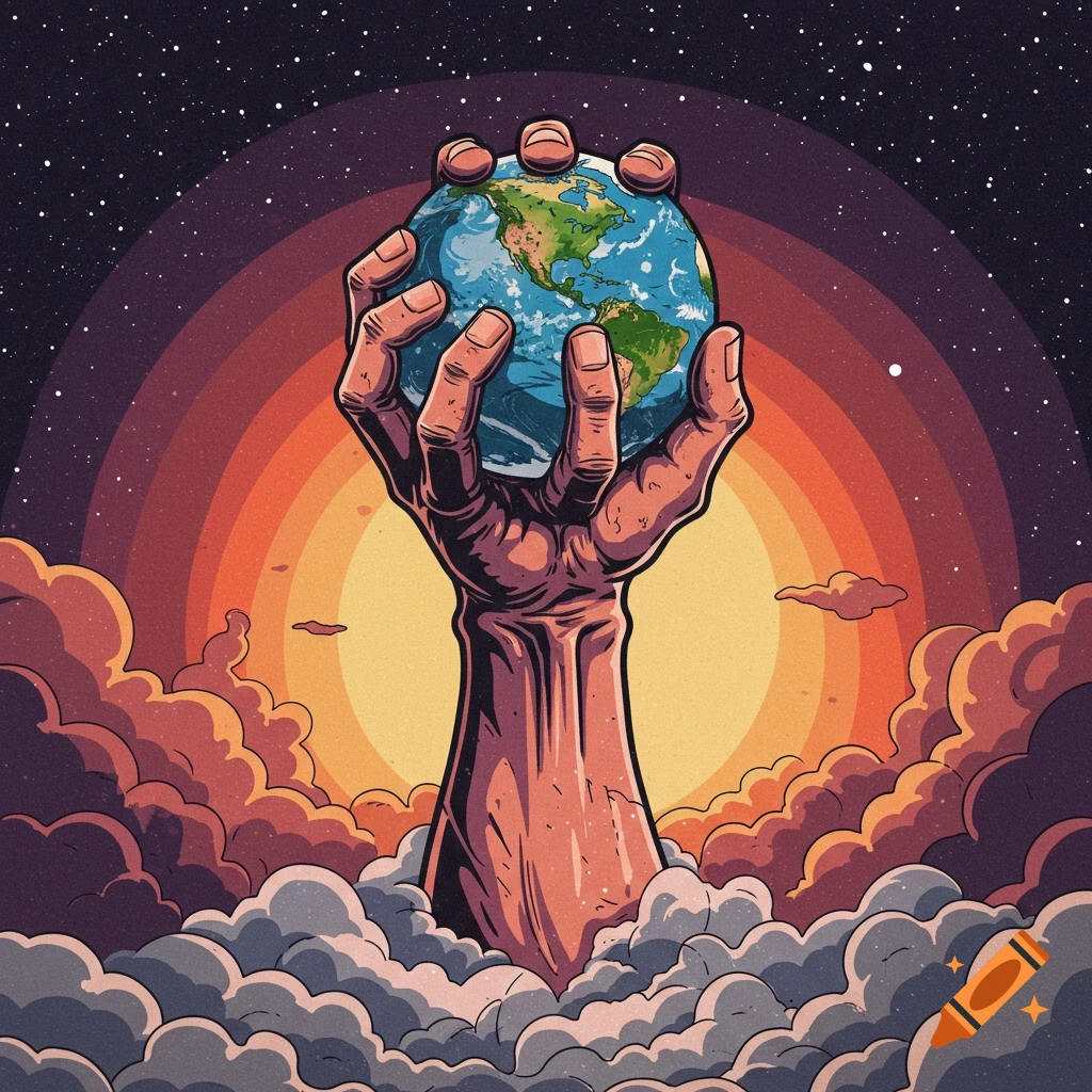 Stylized illustration of a hand holding the planet Earth above clouds, with a starry space background and horizon