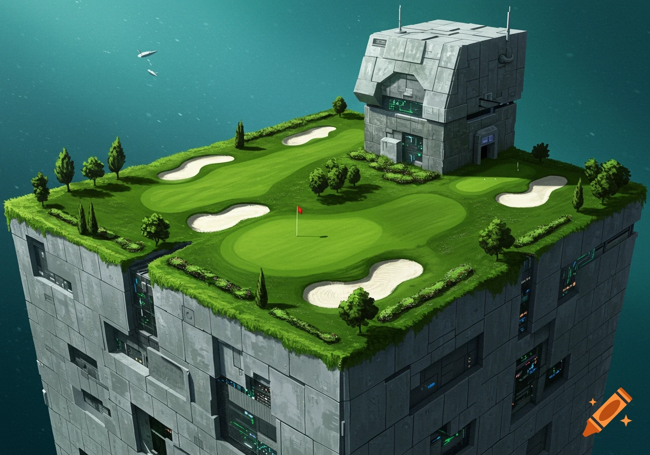 A golf course and structure sit atop a sci-fi borg cube.