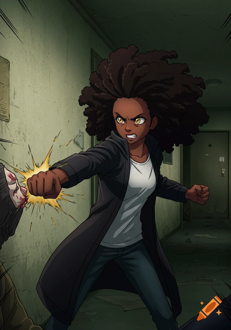 Anime black girl punches a man in an apartment hallway