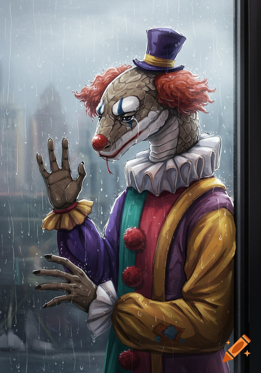 A sad anthropomorphic snake clown in a full suit looks through a rainy window.