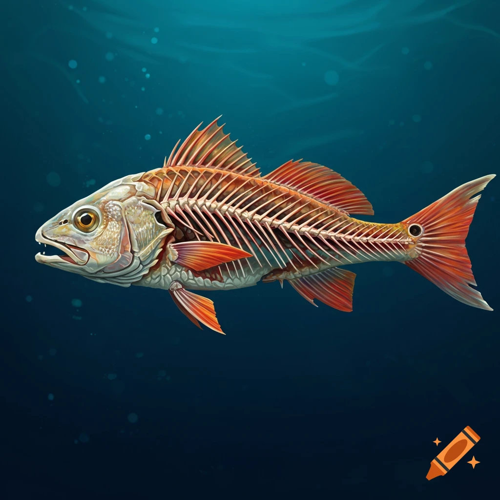 Painting of a fish with a semi-transparent body showing its skeleton, swimming in dark blue water.