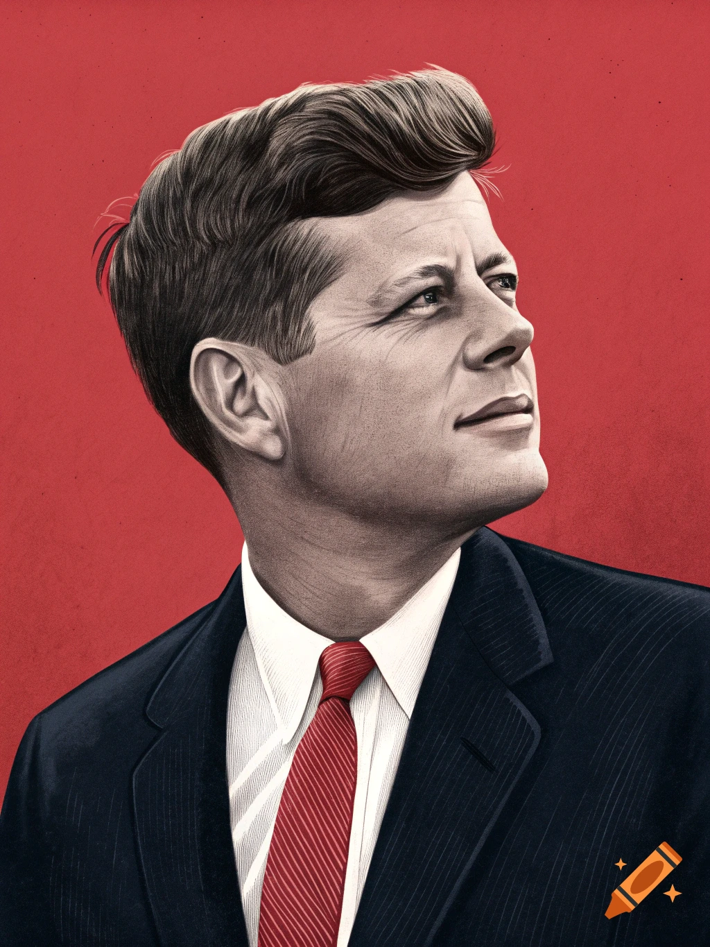 Illustration portrait of JFK wearing a suit and red tie against a red background.
