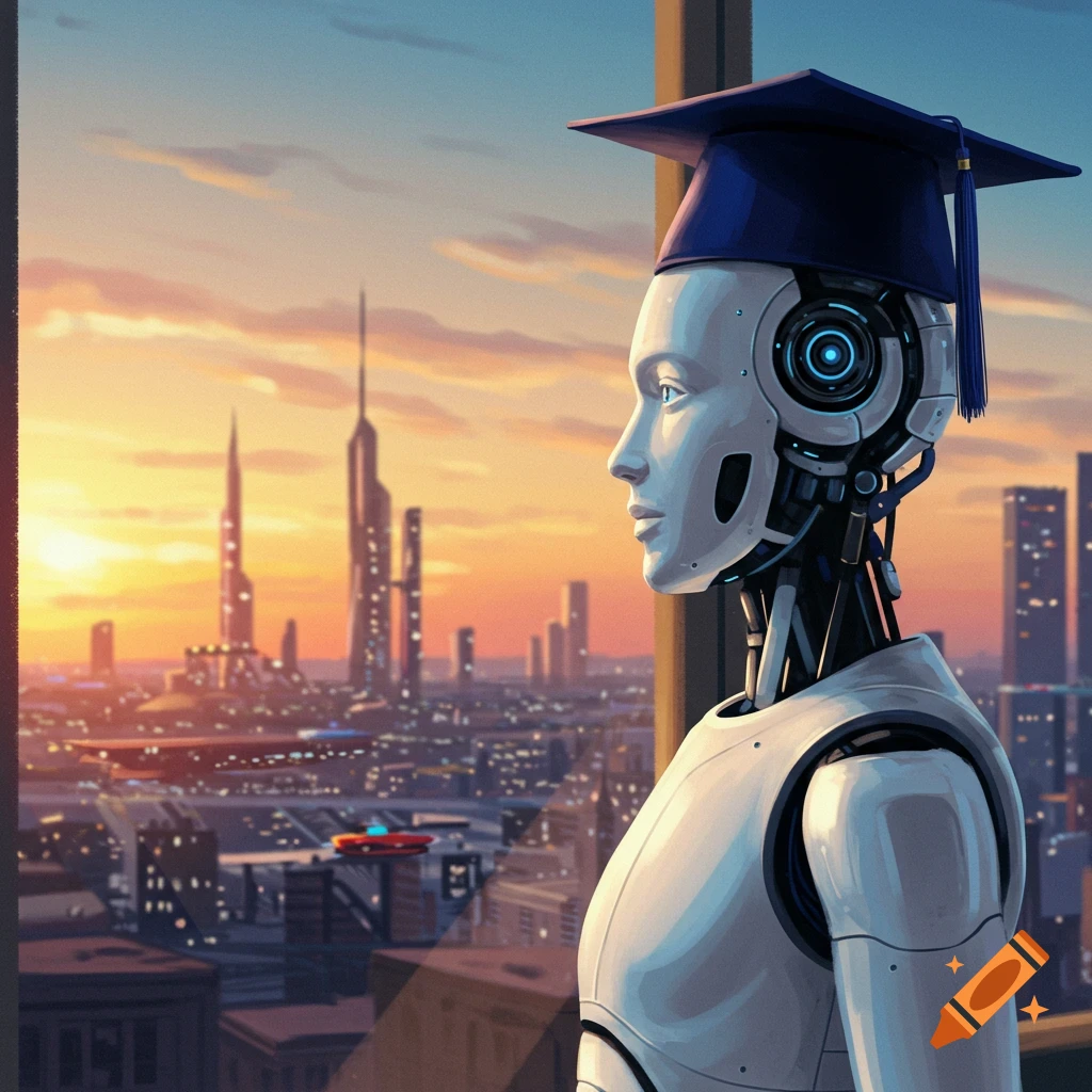 A white robot in a graduation cap is looking out a window at a futuristic city skyline during sunset.