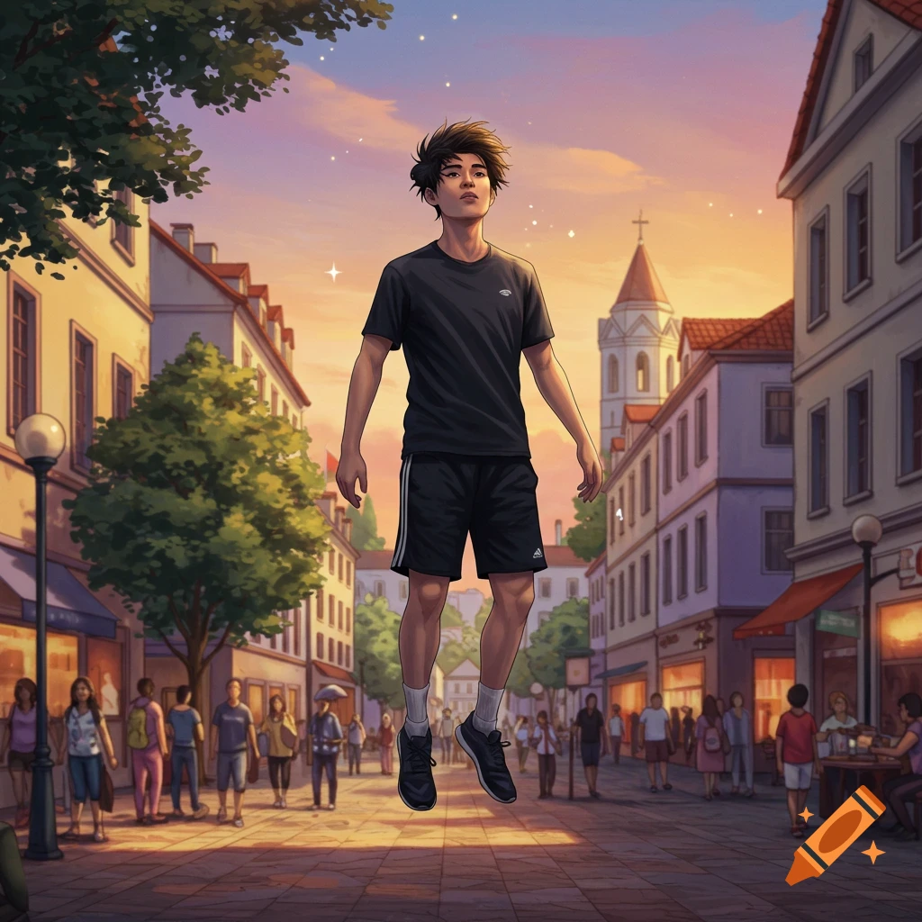 Young man floats above a busy town street at sunset.