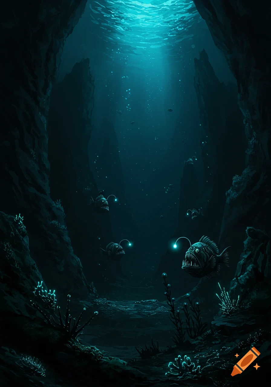 Illustration of anglerfish with glowing lures in a dark deep-sea trench