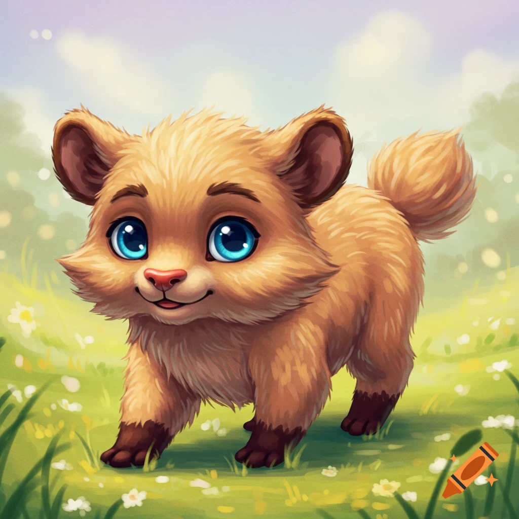 A cute, fluffy brown cartoon-like animal with large blue eyes walks through a sunny field of grass and flowers.
