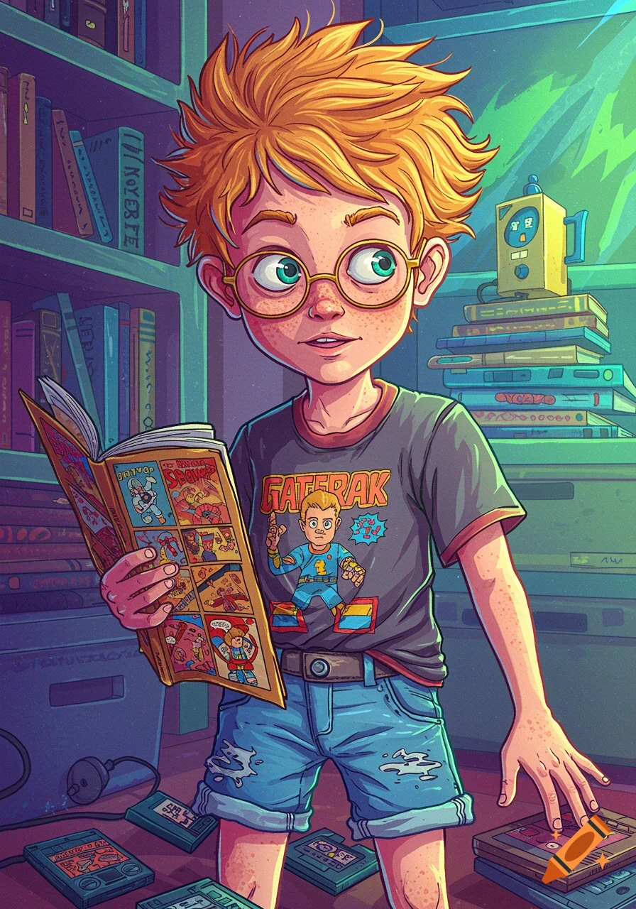 A cartoon illustration of a boy with glasses and messy hair reading a comic book.