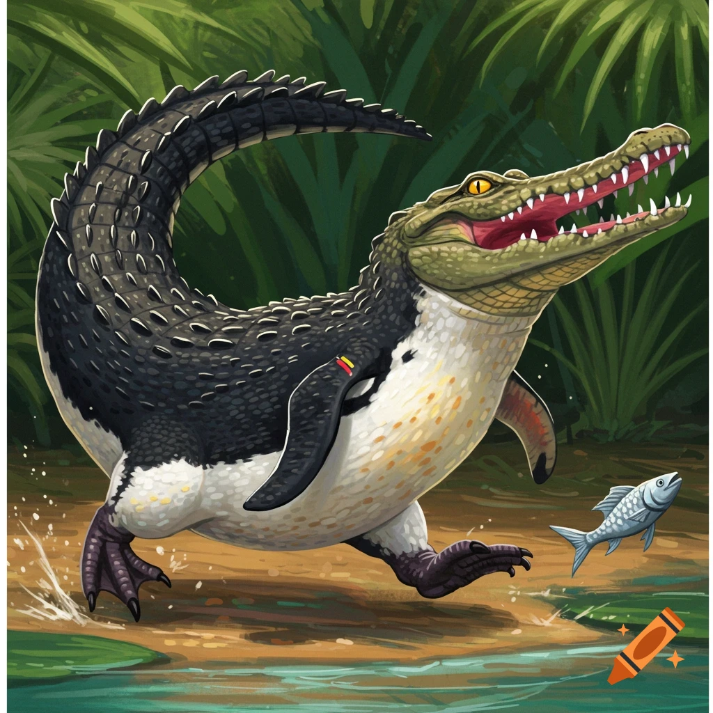 A crocodile-penguin hybrid runs by the water, chasing a fish.