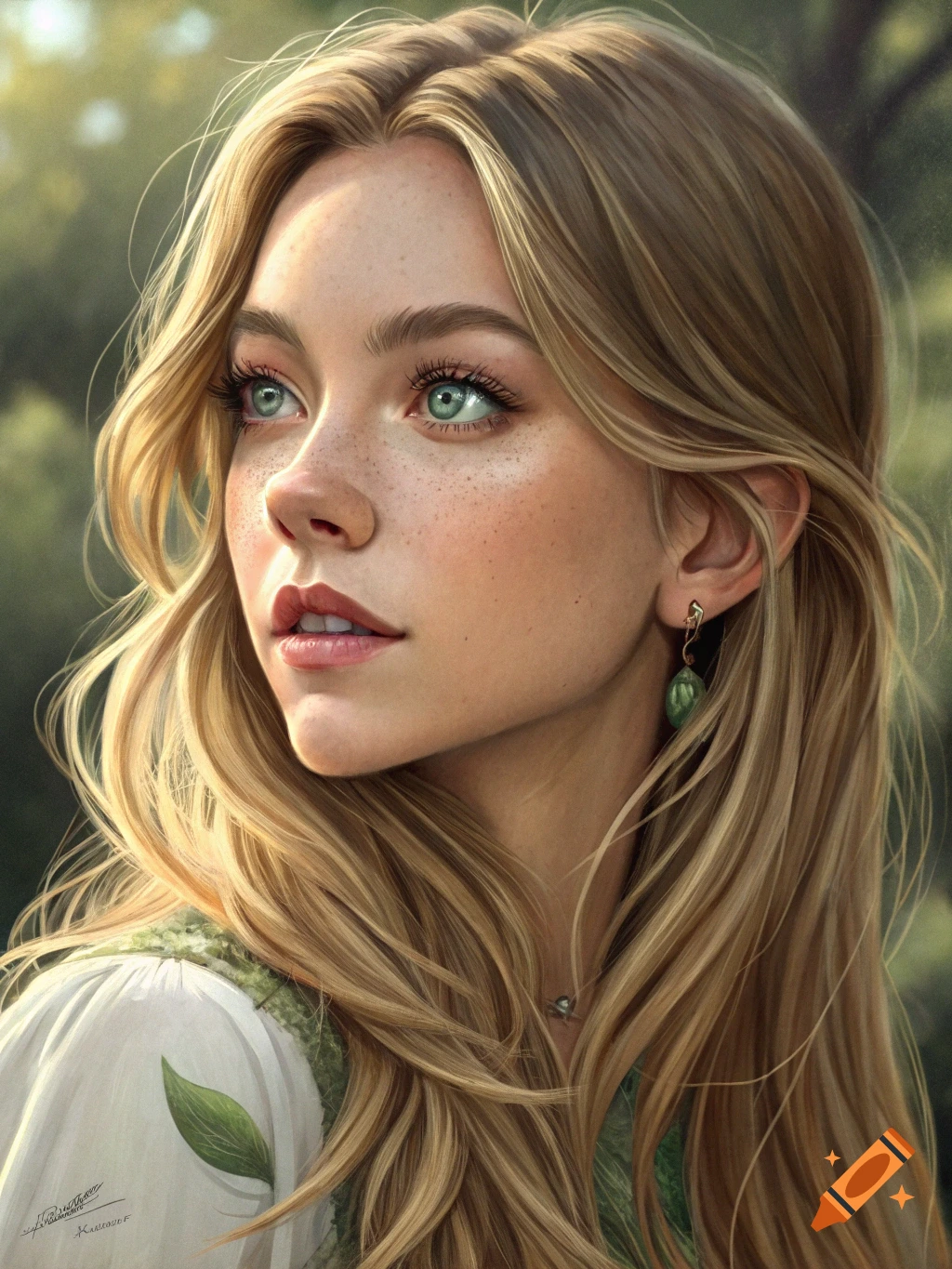 Painterly close-up portrait of a young woman with blonde hair, green eyes, and freckles looking up.