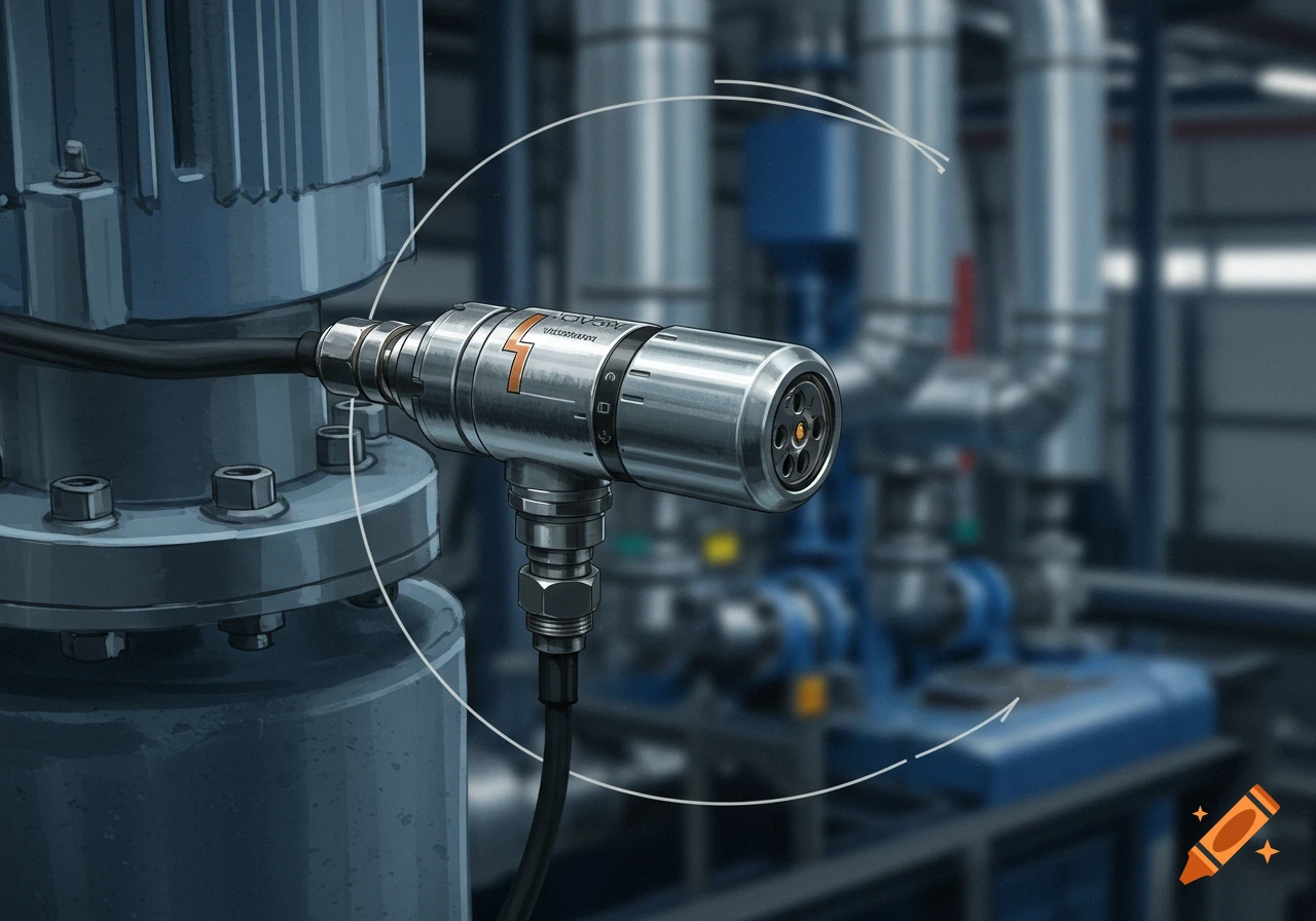 Close-up of a metallic vibration sensor attached to industrial equipment.